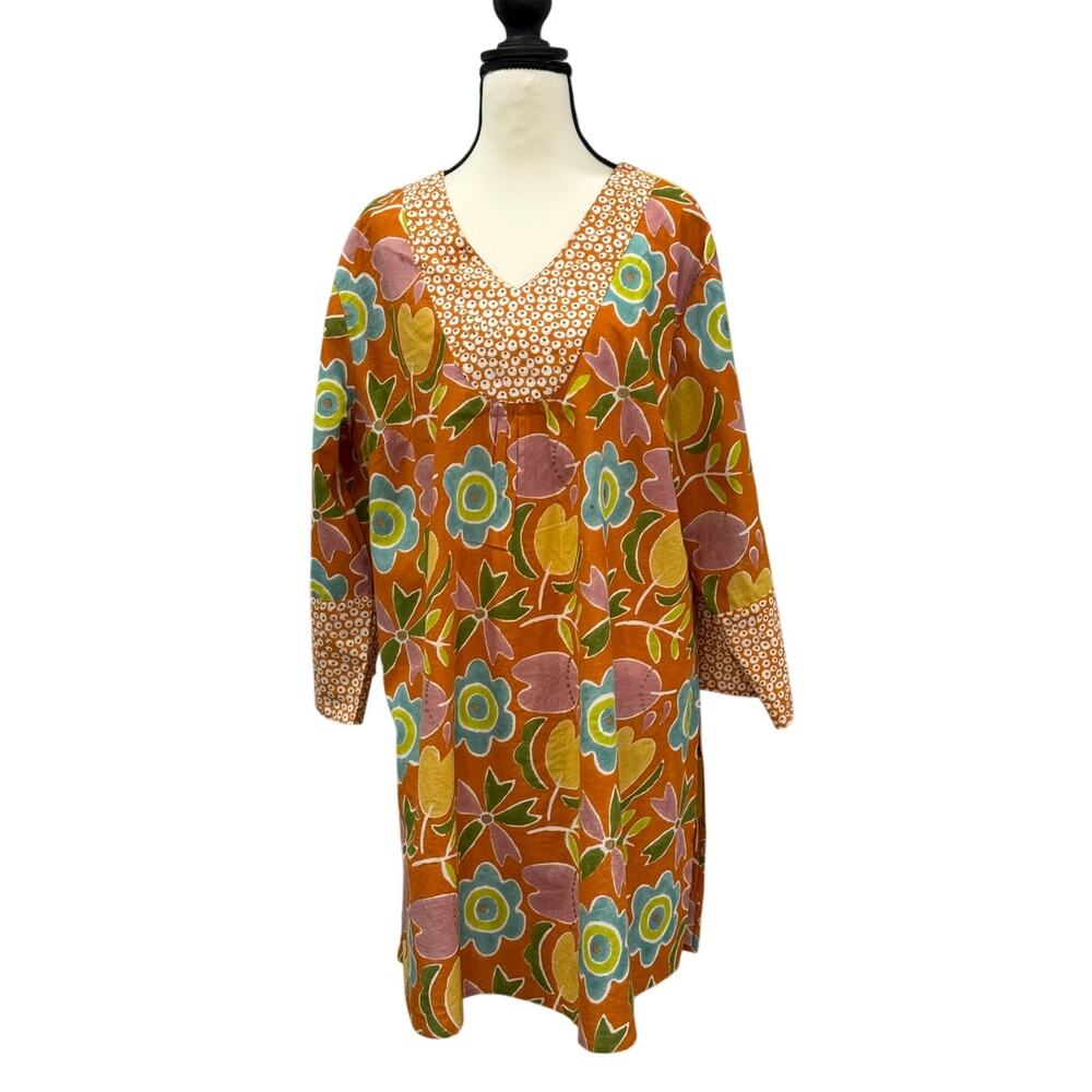 Gudrun Sjoden Organic Cotton Floral Tunic Dress XL Lagenlook Folk Wearable Art